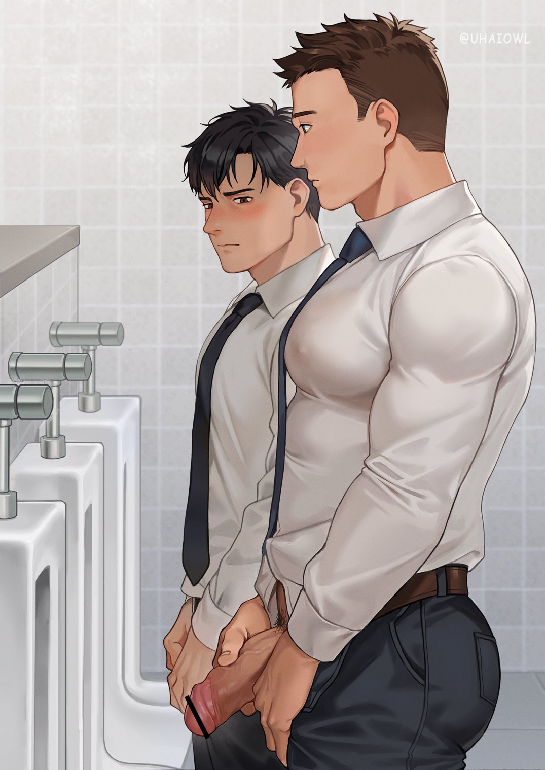 2boys bar_censor bathroom belt black_hair black_necktie blue_pants blush brown_belt brown_eyes brown_hair censored closed_mouth collared_shirt covered_nipples covered_pectorals embarrassed highres impossible_clothes long_sleeves looking_at_penis male_focus multiple_boys necktie open_pants original pants penis shirt short_hair sideburns standing tight_clothes tight_shirt tile_wall tiles twitter_username uhai urinal veins veiny_penis wing_collar yaoi