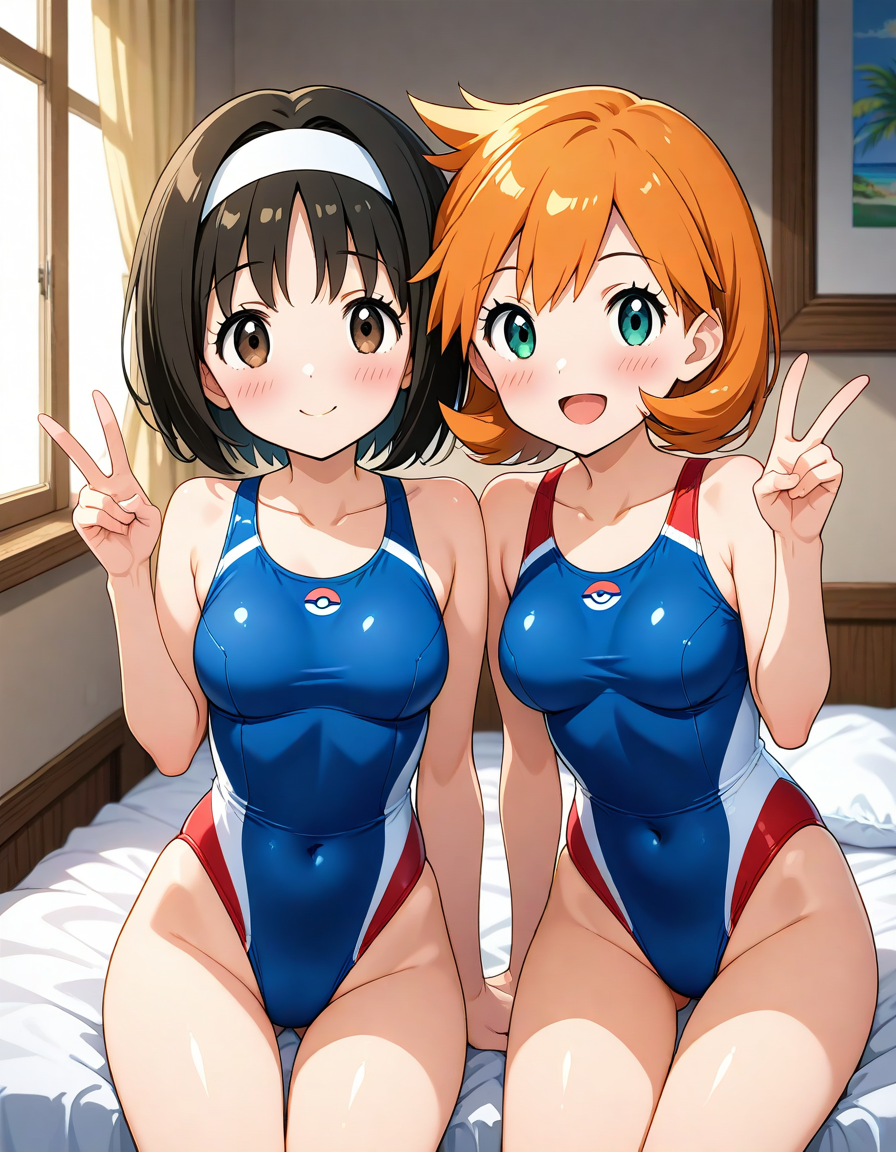 2girls :d ai_generated asymmetrical_hair bangs bare_arms bare_shoulders bed bed_sheet bedroom black_hair blue_one-piece_swimsuit blue_swimsuit blush breasts brown_eyes brown_hair cameltoe clavicle cleavage closed_mouth clothing competition_swimsuit covered_navel curtains day double_v erika_(pokemon) eyebrows eyebrows_visible_through_hair eyelashes female female_only green_eyes hairband headwear highleg highleg_swimsuit indoors kasumi_(pokemon) large_breasts legs looking_at_viewer medium_breasts misty_(pokemon_hgss) multiple_girls navel on_bed one-piece_swimsuit open-mouth_smile open_mouth orange_hair pillow pokemon pool shiny shiny_skin short_hair sitting small_breasts smile swimsuit tank_suit thigh_gap thighs v white_hair_ornament white_hairband window