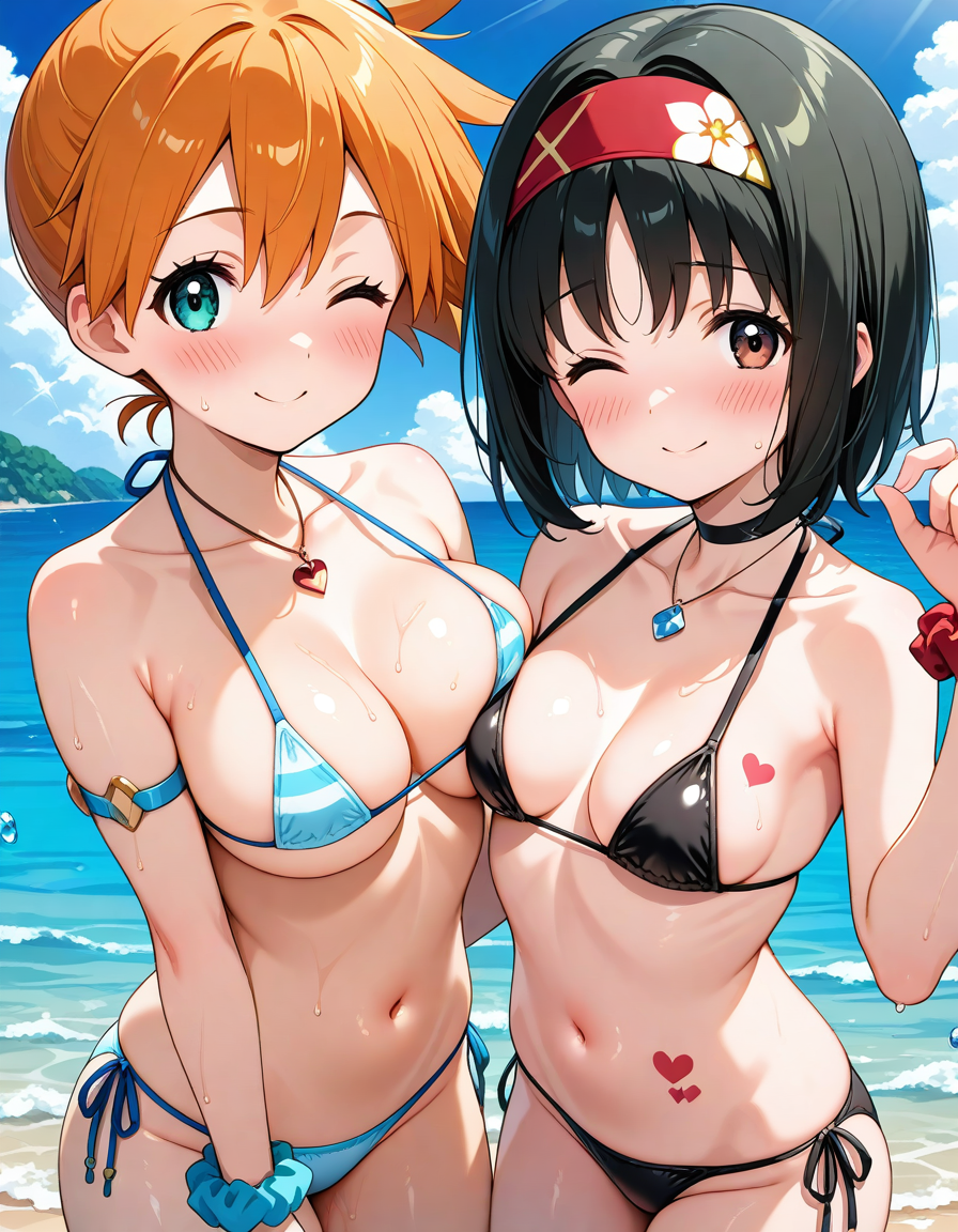 2girls ;) ai_generated aqua_eyes armlet armpits asymmetrical_docking asymmetrical_hair bangs bare_arms bare_shoulders beach bikini bikini_bottom black_bikini black_choker black_hair black_swimsuit blue_bikini blue_eyes blue_scrunchie blue_sky blue_swimsuit blush bracelet breast-to-breast breast_press breasts brown_eyes brown_hair choker clavicle cleavage closed_mouth clothing cloud day earrings erika_(pokemon) eyebrows eyebrows_visible_through_hair eyelashes female female_only green_eyes hair_between_eyes hair_ornament hairband halterneck hand_up headwear heart jewelry kasumi_(pokemon) large_breasts long_hair looking_at_viewer medium_breasts multiple_girls navel necklace ocean one_eye_closed orange_hair outdoors palm_tree parted_lips pokemon pokemon_character ponytail red_hairband sand scrunchie shiny shiny_skin shore short_hair side-tie_bikini side-tie_bikini_bottom side-tie_clothing side-tie_swimsuit side_ponytail sidelocks skindentation sky small_breasts smile standing stomach string_bikini striped striped_bikini striped_swimsuit sweat swimsuit tattoo thigh_gap thighs tied_hair tree water wet wink wrist_scrunchie