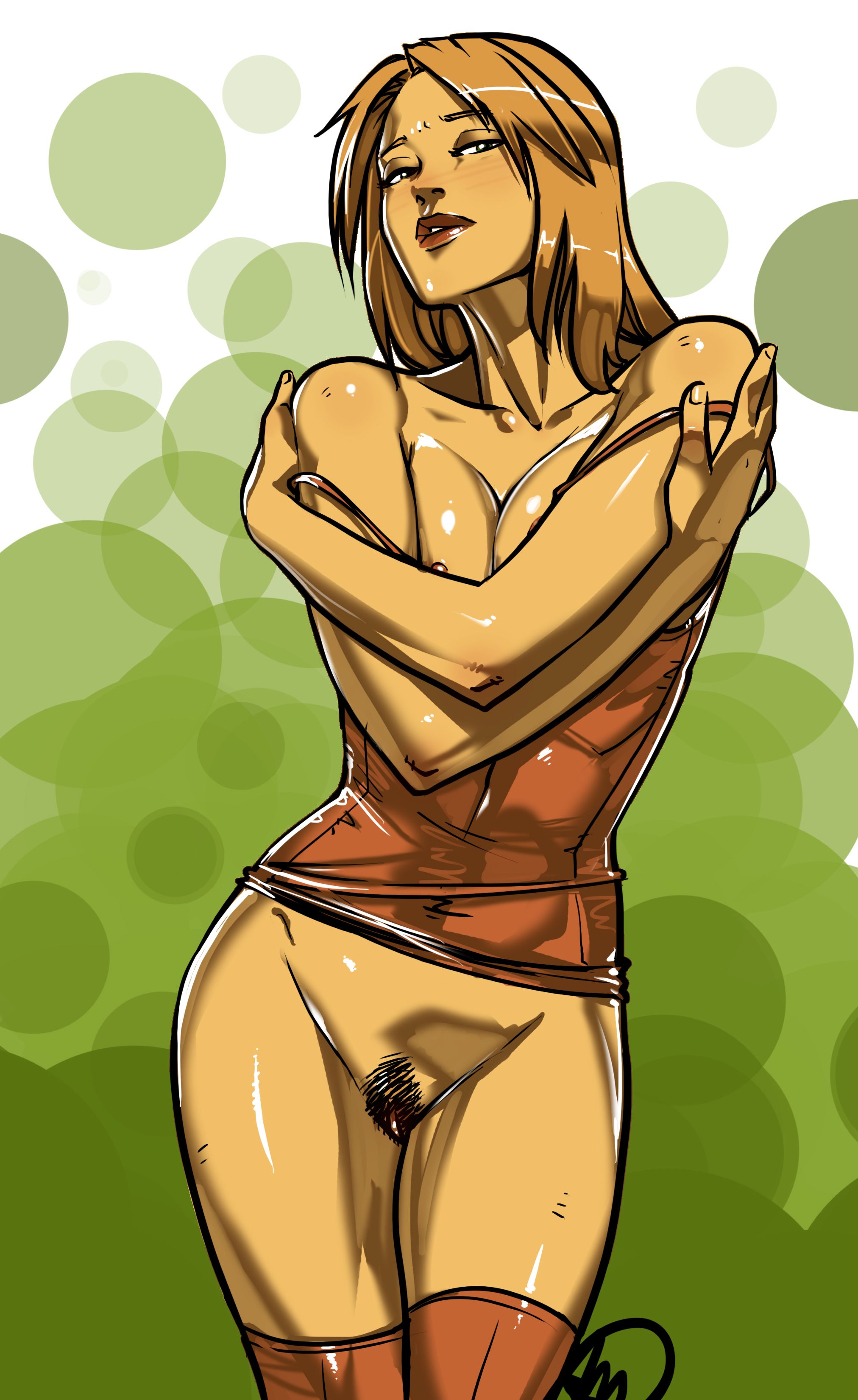 bare shoulders, blonde hair, blush, breasts, command and conquer, female, ganassa, green eyes, highres, jessica pierce, long hair, nipples, orange legwear, parted lips, pubic hair, pussy, solo, standing, strap slip, tank top, thighhighs, tiberian (series), tiberian twilight
