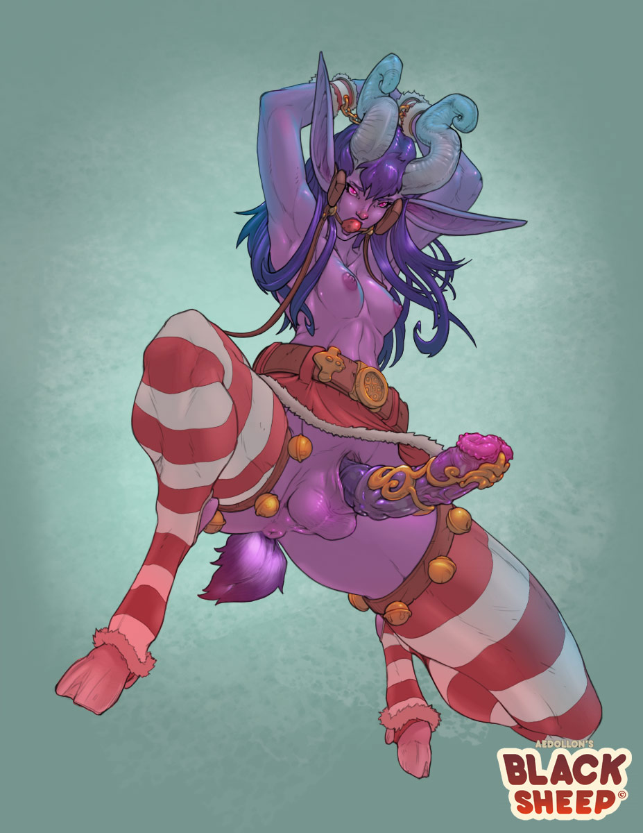 1futa, aedollon, anus, areola, arms up, ass, balls, belt, breasts, erect nipples, erection, erection under clothes, erection under skirt, futa only, futanari, futasub, gag, hair, handcuffs, hooves, horns, huge penis, intersex, large ass, large balls, long hair, mouth gag, nipples, no panties, penis, penis ornament, penis out, penis under clothes, penis under skirt, pink eyes, pointy ears, purple hair, purple skin, skirt, skirt lift, small breasts, solo, squatting, striped, striped legwear, tail, thighhighs, topless