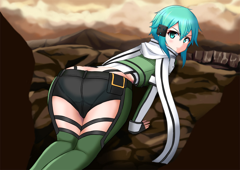all fours, aqua eyes, aqua hair, arm up, asada shino, ass, black gloves, blush, chaps, female, fingerless gloves, from behind, gloves, green legwear, gun gale online, hair ornament, hairclip, looking at viewer, natsuzakura yuuki, pov, pov eye contact, scarf, short hair, short shorts, shorts, sinon, solo, sword art online