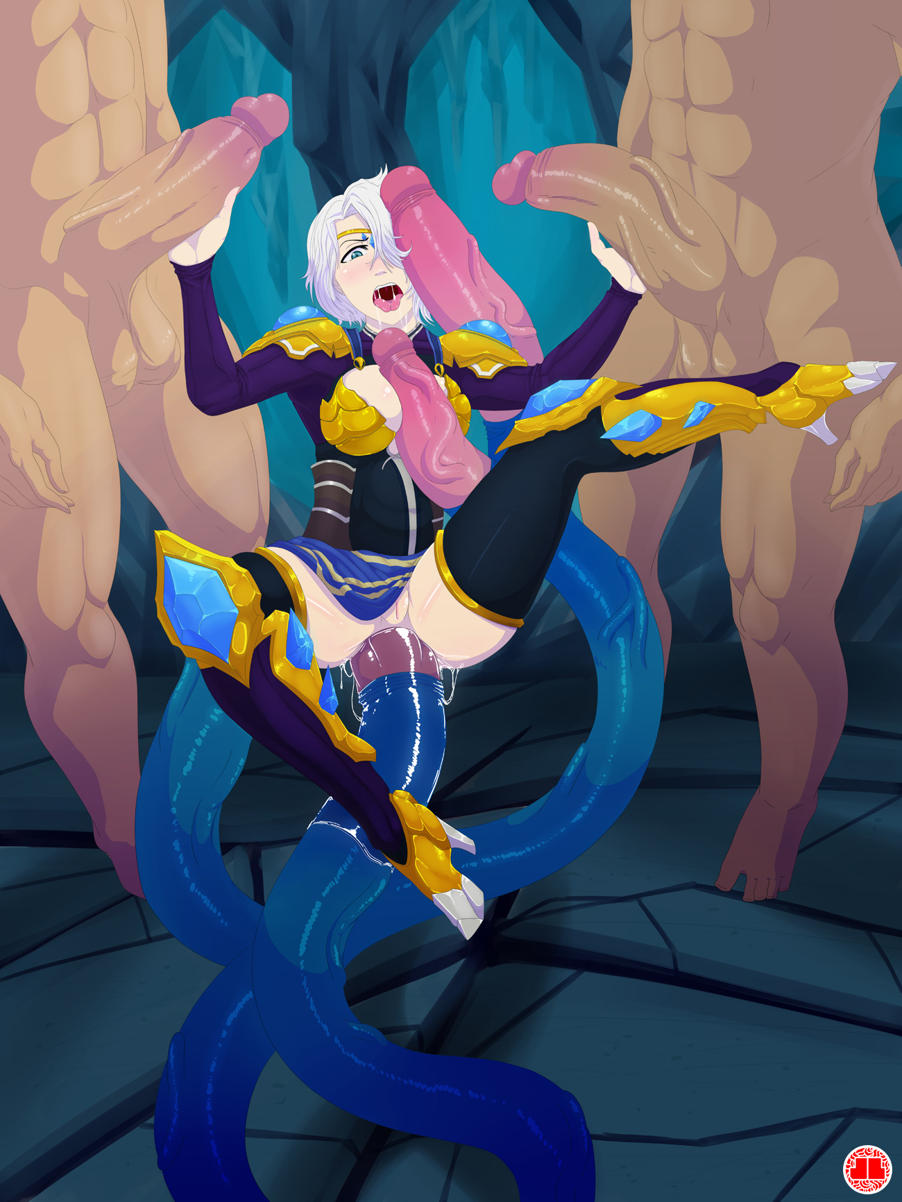 2boys, abs, amethyst ashe, anal, armor, ashe (league of legends), balls, between breasts, black legwear, blue eyes, boots, breasts, circlet, clothed female nude male, double handjob, female, hair, hair over one eye, handjob, high heel boots, high heels, huge balls, huge cock, huge insertion, jlullaby, league of legends, legacy series, male, medium breasts, multiple boys, multiple males, open mouth, paizuri, penis, penis grab, penis on face, pussy, saliva, skirt, stomach bulge, straight, suspended, tentacle, tentacle between breasts, tentacle penis, testicles, thighhighs, tight fit, veiny, veiny penis, white hair