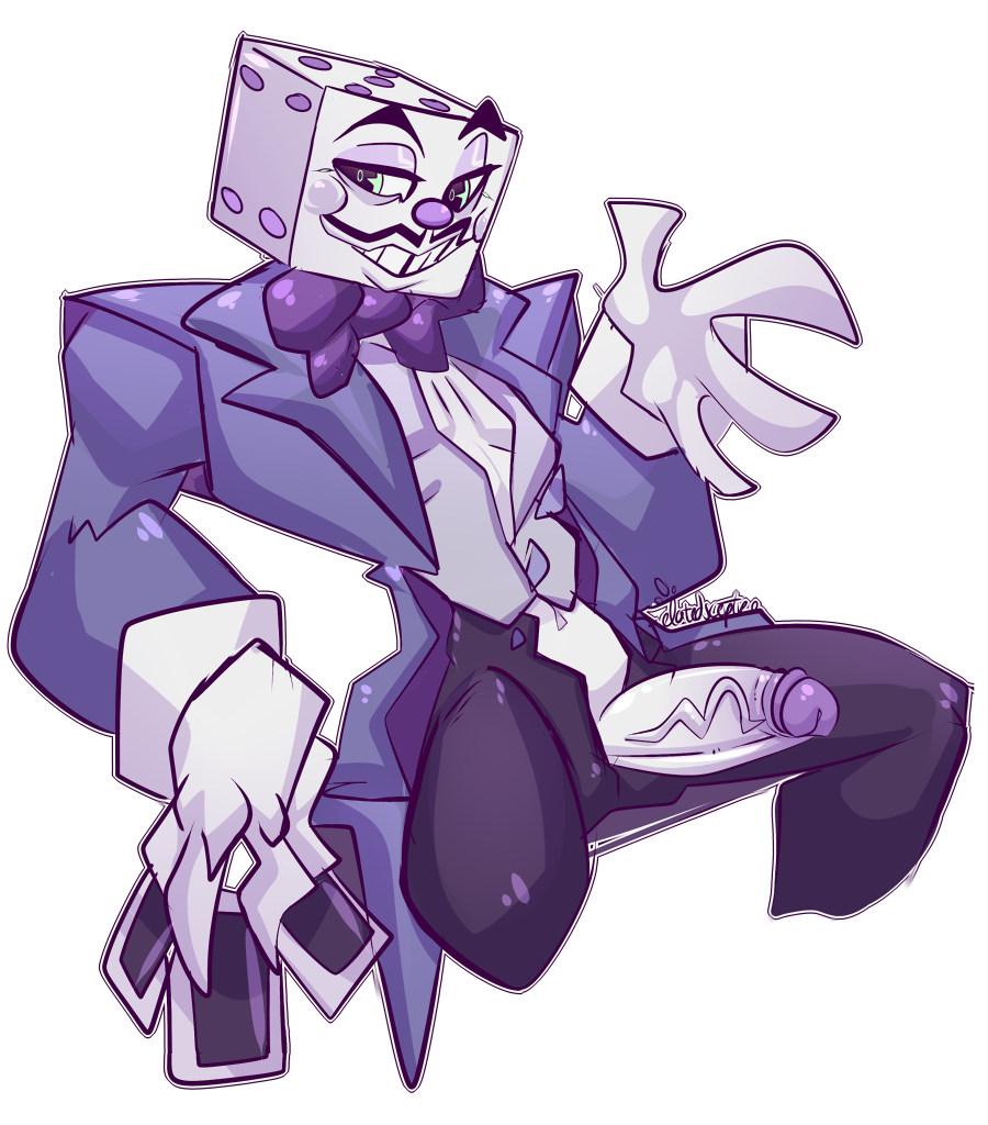 1boy alpha_channel card classy clothed clothing cuphead_(game) dice elatedsceptre erection gloves humanoid humanoid_penis king king_dice looking_at_viewer male male_only navel nerfocalypse object_head pants penis presenting presenting_penis rosy_cheeks royalty shirt simple_background sitting smile solo spread_legs spreading suit teeth text transparent_background veins veiny_penis video_games watermark