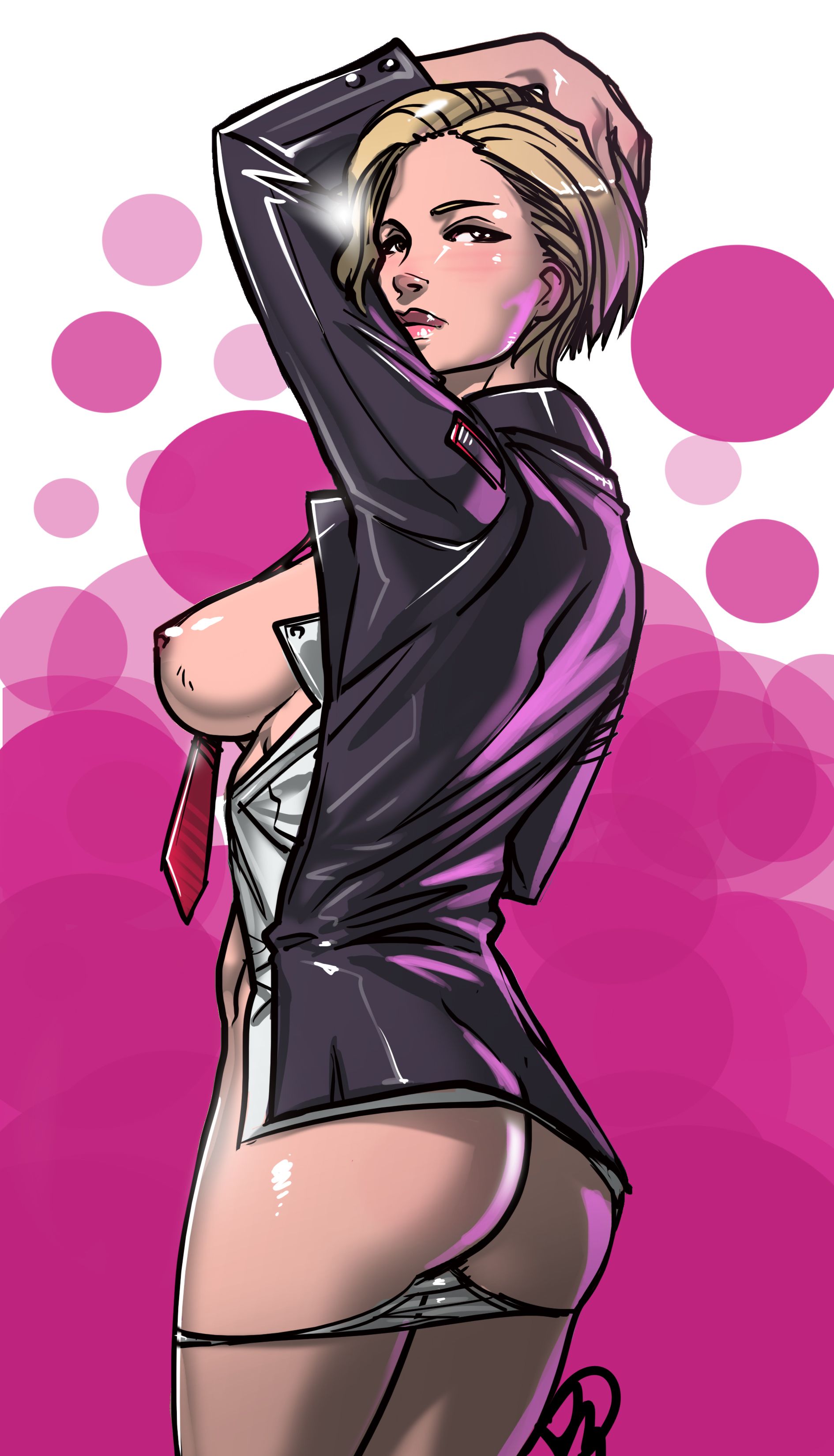 alexis alexander, ass, between breasts, blonde hair, breasts, breasts out, brown eyes, command and conquer, female, ganassa, generals (command and conquer), generals (series), hand on own head, highres, military, military uniform, navel, necktie, necktie between breasts, nipples, open clothes, open shirt, panties, panties down, shirt, short hair, sideboob, solo, standing, unbuttoned, underwear, uniform, white panties