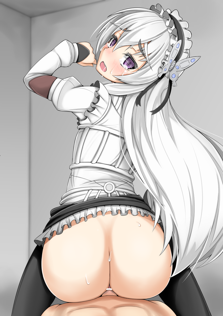 1boy alfort_(may0508) anal ass black_legwear butterfly_hair_ornament censored chaika_trabant cowgirl_position eye_contact female hair_ornament hairband highres hitsugi_no_chaika lolita_hairband long_hair looking_at_viewer looking_back no_panties open_mouth penis pov purple_eyes straddling tears very_long_hair white_hair