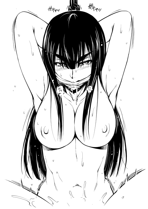 arms_behind_head black_hair blush bondage bound_arms breasts cum female gag gagged kill_la_kill kiryuuin_satsuki large_breasts long_hair monochrome nipples noise_(tsuzuki) nude solo trembling