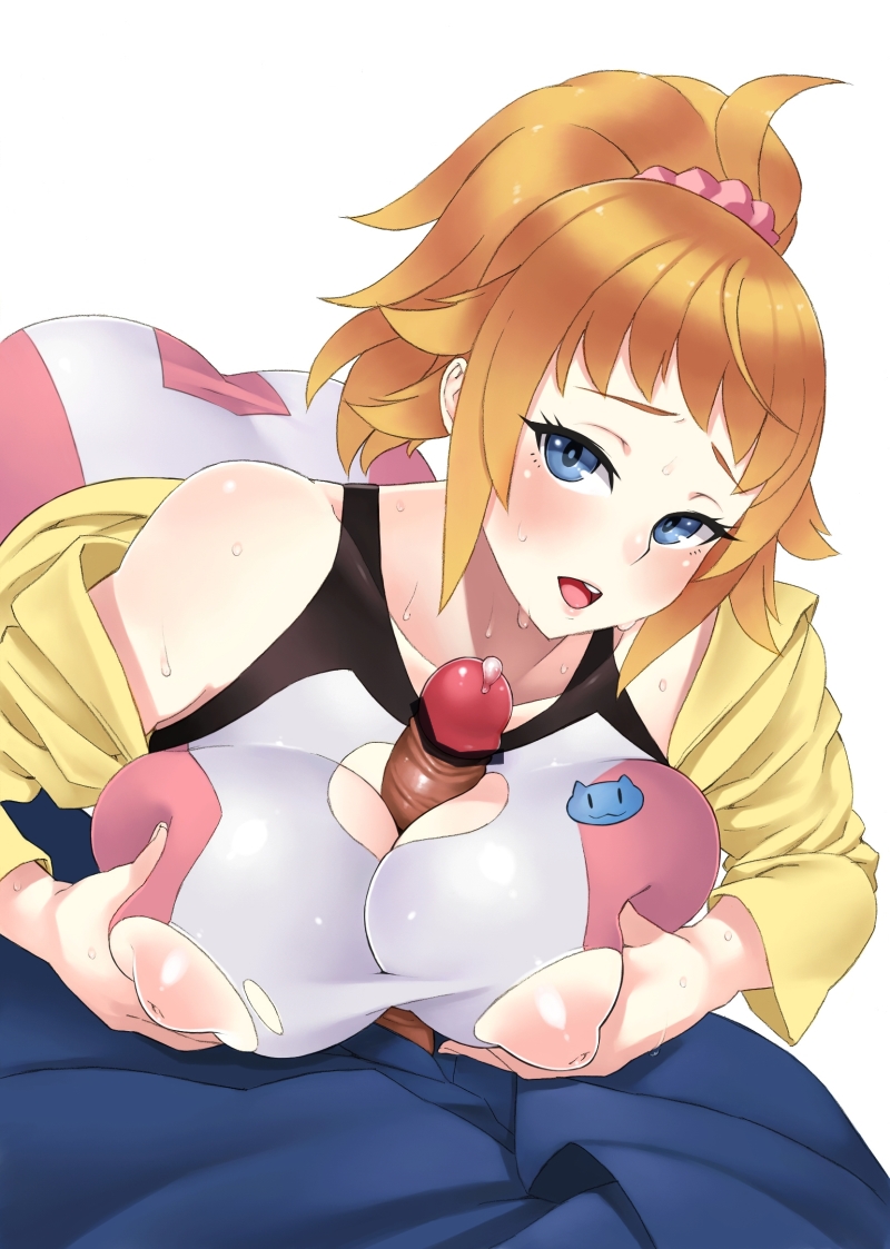 1boy bike_shorts blonde_hair blue_eyes blush breast_squeeze breasts censored female gundam gundam_build_fighters gundam_build_fighters_try hoshino_fumina inverted_nipples jacket large_breasts looking_at_viewer nippleless_clothes nipples open_mouth paizuri paizuri_under_clothes ponytail puffy_nipples short_hair solid_air solo_focus sports_bra sweat tied_hair torn_clothes