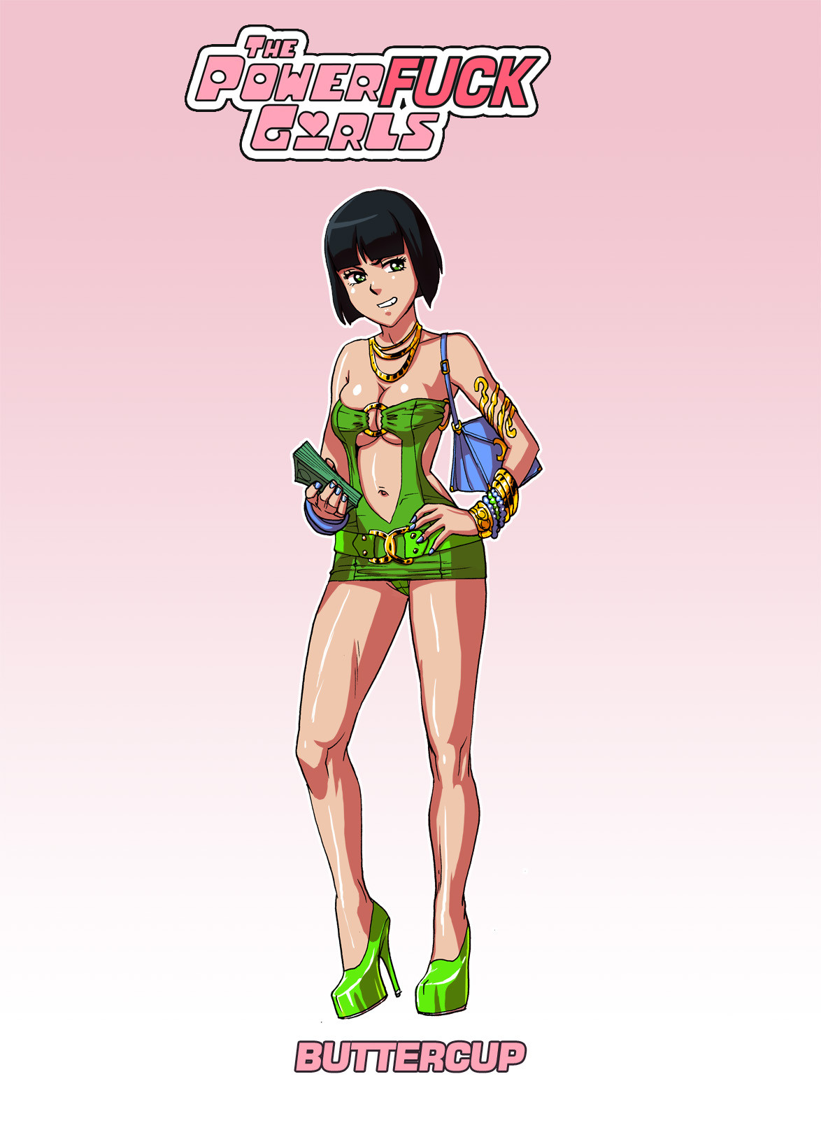 1girls, armlet, bimbo, black hair, bob cut, bracelets, breasts, buttercup (powerpuff girls), cash, character name, cleavage, color, dress, female, female only, full body, hand on hip, high heels, hourglass figure, medium breasts, money, nail polish, navel, necklace, no bra, panties, pinup, platform heels, powerpuff girls, prostitution, purse, revealing clothes, seductive, short hair, skimpy, solo, standing, tekuho, underboob, voluptuous