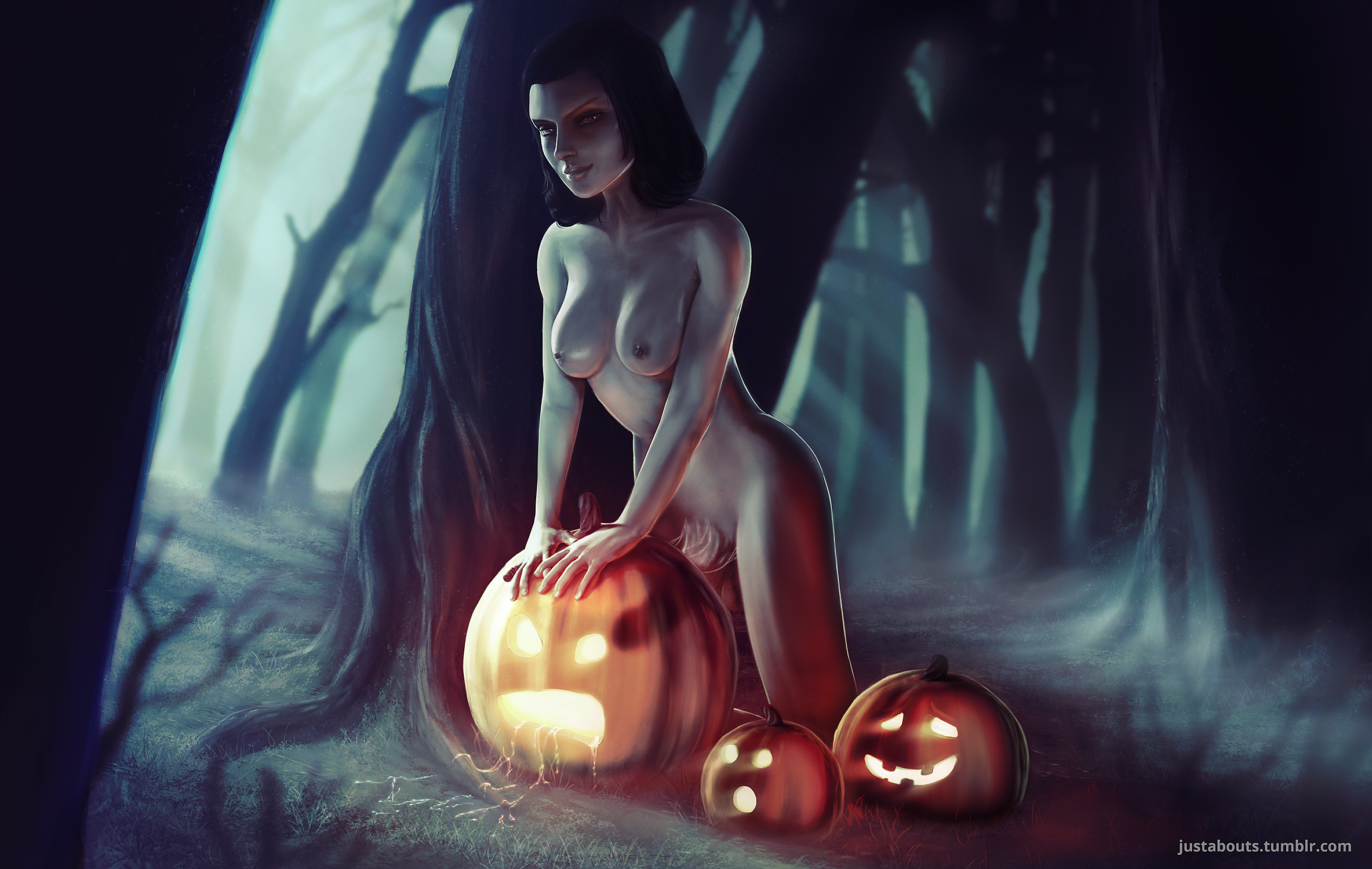 1futa, 3d, areolae, balls, bioshock, bioshock infinite, breasts, burial at sea, casual, cum, cum drip, cum inside, cumdrip, cumshot, dark, dickgirl, ejaculation, elizabeth comstock, elizabeth comstock (burial at sea), erect nipples, erection, food penetration, forest, fucking pumpkin, futa only, futanari, halloween, intersex, jack-o'-lantern, justabout, night, nipples, nude, penis, pumpkin, pumpkin masturbation, pumpkins, small breasts, smile, solo, source filmmaker, tree, trees, wide hips, wilderness