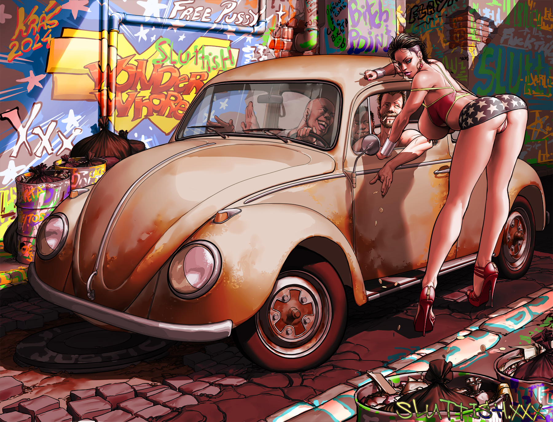 ass, big breasts, black hair, blue eyes, breasts, car, cigarette, coins, dc, dc comics, diana prince, earrings, fabalex, female, high heels, kras, krashzone, large breasts, legio, male, miniskirt, money, nipples, no panties, prostitute, prostitution, pussy, short hair, skirt, smoking, soliciting, standing, topless, upskirt, wonder woman, wonder woman (series), wristband