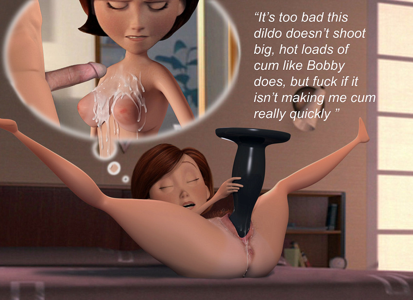 accurate art style, breasts, cg, cg art, cum, cum on breasts, dildo, disney, dreaming, female, helen parr, imagining, male, masturbation, mr. incredible, nipples, pixar, pubic hair, pussy, red pubic hair, robert parr, screenshot edit, straight hair, the incredibles, thought bubble, unseen male face