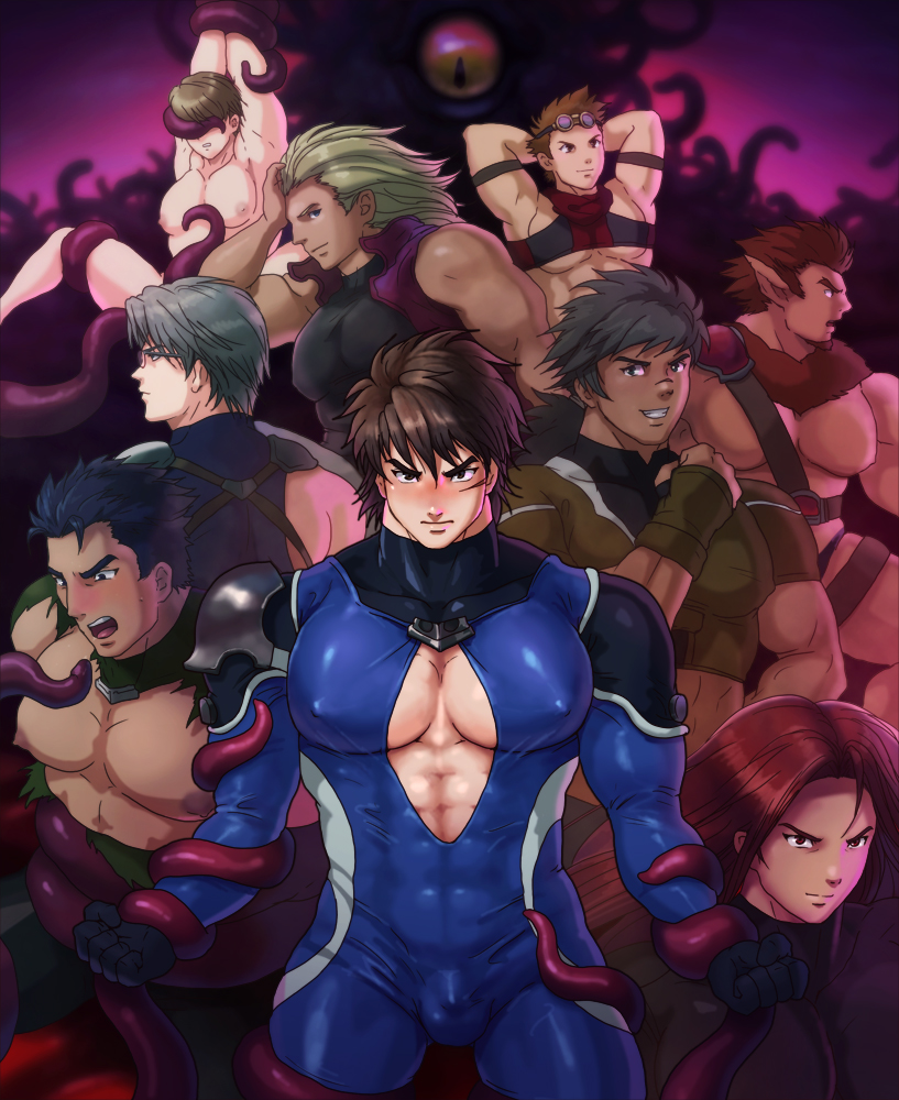 6+boys abs bara bulge crotch lifting male male_focus male_nipples male_only multiple_boys muscle nude pecs pointy_ears restrained scar tagme tentacle tentakun torn_clothes