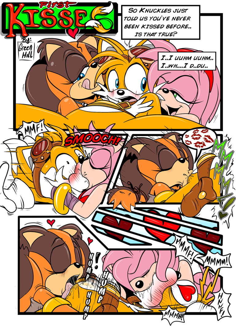 1boy 2girls amy_rose amy_rose_(boom) anthro comic fellatio female femdom ffm ffm_threesome fur greenhill hedgehog kissing male miles_prower oral saliva sonic_(series) sticks sticks_the_badger sticks_the_tejon straight tails threesome