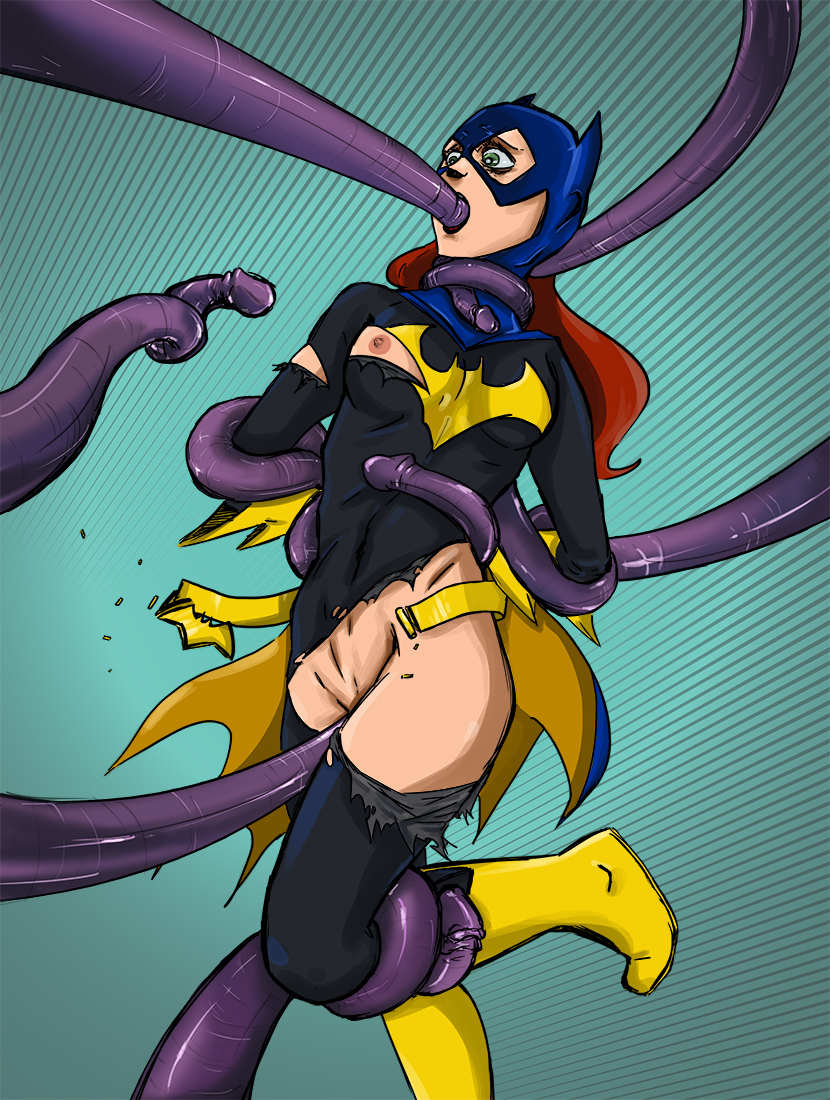 areola, arms behind back, barbara gordon, batgirl, batman (series), belt, bodysuit, cape, dc, dc comics, double-dealer, fellatio, female, gloves, green eyes, hair, helpless, human, leg grab, long hair, mask, monster, neck grab, nipples, no panties, oral, orange hair, rape, restrained, simple background, surprised, tentacle, tentacle rape, torn bodysuit, torn clothes