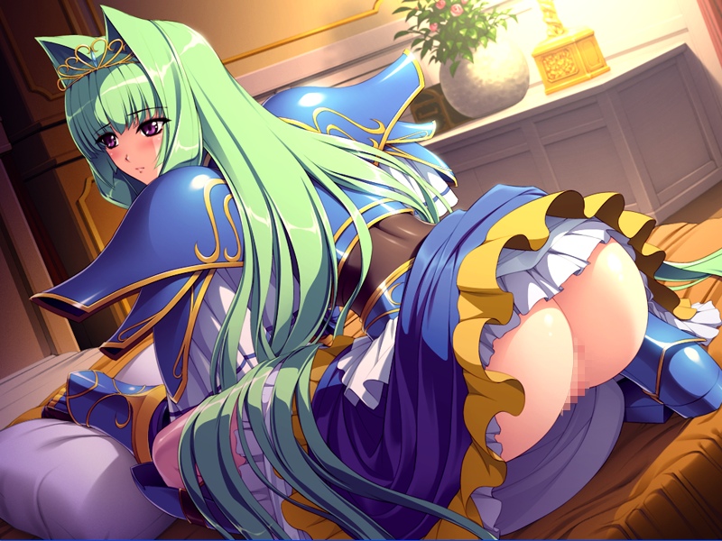 andou_tomoya armor ass bed censored female from_behind game_cg green_hair highres himekishi_olivia inoino legs long_hair looking_away nakano_sora no_panties olivia_lindegard pillow purple_eyes pussy solo squatting thighs vase