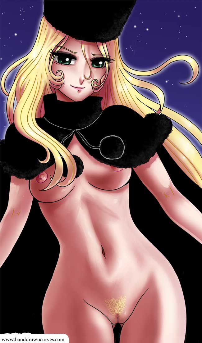 1girls blonde_hair breasts cape curvaceous eyelashes female female_only fur_hat fur_trim galaxy_express_999 green_eyes hand_drawn_curves hat human human_only john_joseco large_breasts leijiverse light-skinned_female light_skin long_hair looking_at_viewer maetel navel nude pubic_hair pussy smile solo standing very_long_hair wide_hips