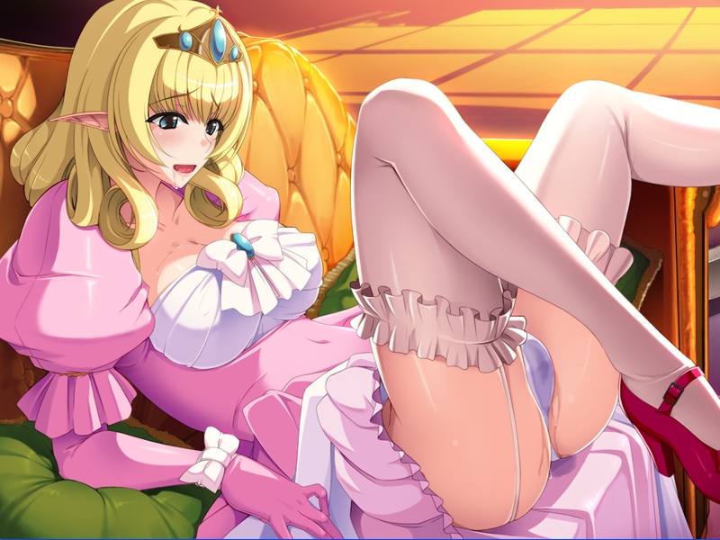 andou_tomoya ass blonde_hair blue_eyes blush breasts dress elf female game_cg garter_straps high_heels highres himekishi_olivia inoino large_breasts legs long_hair lying nakano_sora open_mouth panties pointy_ears pussy_juice pussy_juice_stain saliva solo sweat thighhighs thighs underwear wet_panties