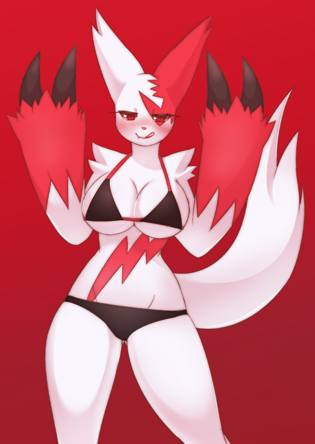 2014 anthro bikini black_bikini blush breasts claws cleavage fangs female furry large_breasts looking_at_viewer nintendo pastelletta pink_sclera pokemon pokemon_(species) red_background red_eyes simple_background solo standing swimsuit tail tongue white_fur zangoose