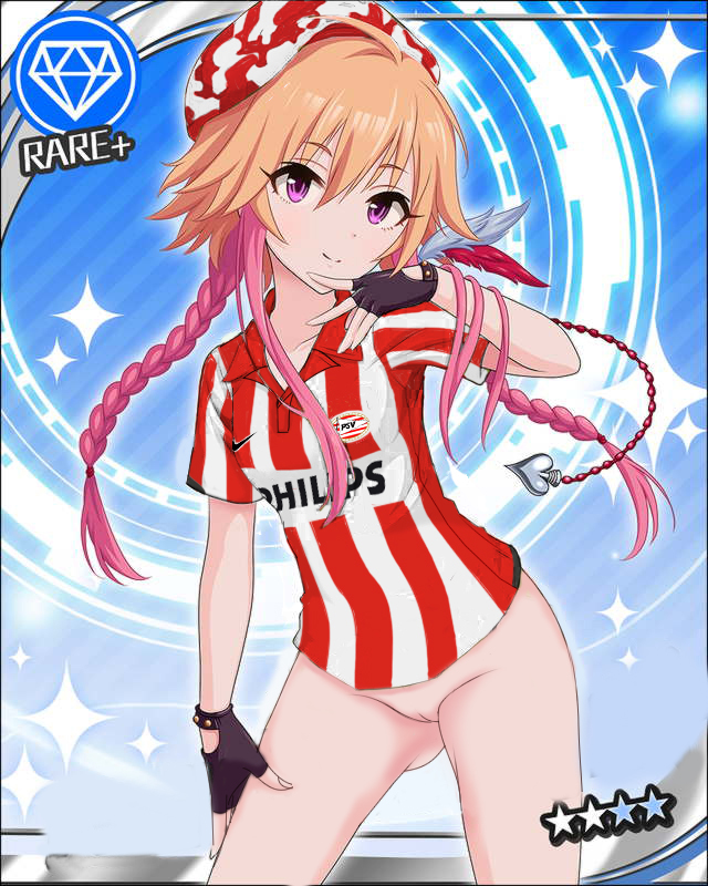 1girls bottomless female idolmaster nike ninomiya_asuka pink_eyes pink_hair psv_eindhoven pussy soccer tied_hair twintails uefa_champions_league