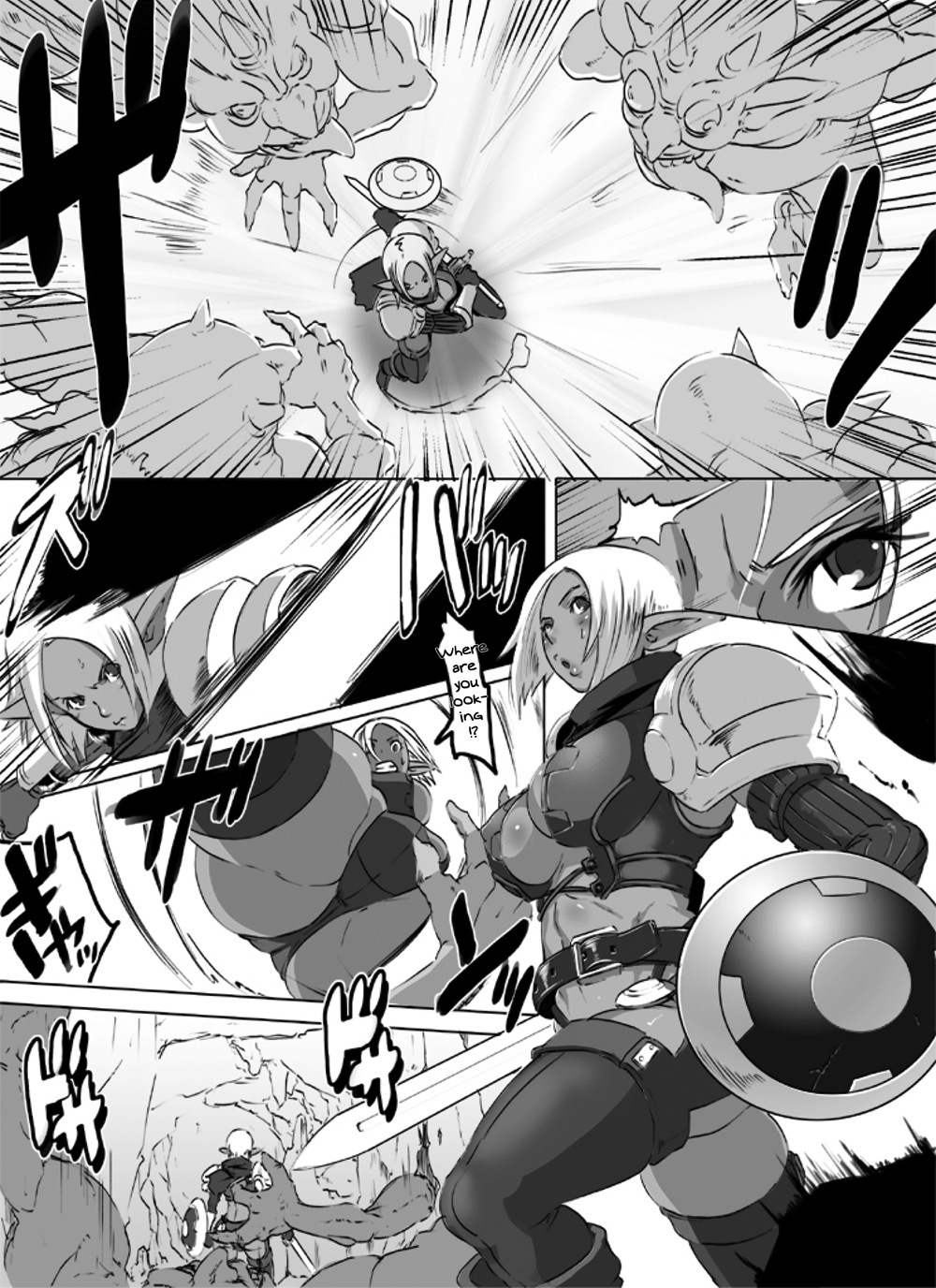 ass breasts butcha-u clothing comic dark_elf elf elf_female eroquis female human large_breasts lisa_(xes_fantasia) monster shield sword weapon xes_fantasia