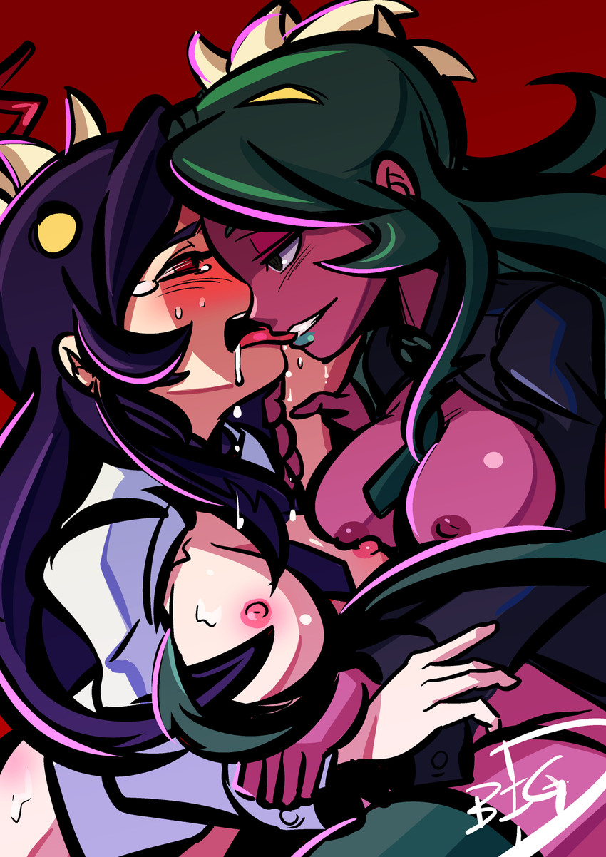 2girls assertive big-d biting black_hair breast_press breasts breasts_out crying crying_with_eyes_open dark-skinned_female dark_nipples dark_skin female femdom filia_(skullgirls) fukua_(skullgirls) green_hair green_lipstick highres interracial large_breasts lipstick living_hair makeup multi_mouth multiple_girls nipples samson_(skullgirls) shamone_(skullgirls) skullgirls tears tongue tongue_out wrist_grab yuri