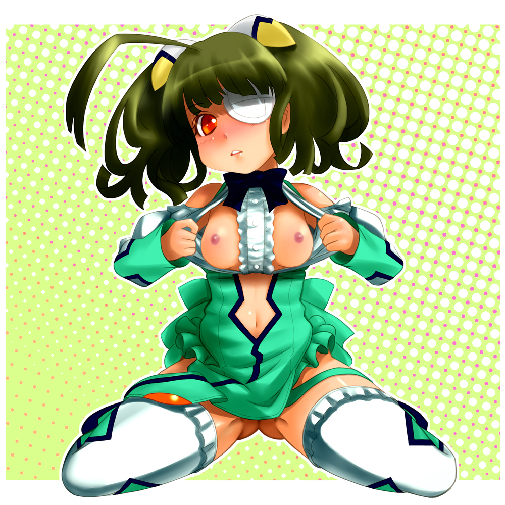 ahoge areolae blush breasts breasts_out clothing exhibitionism eye_patch female full_body green_hair kneeling necktie nipples orange_eyes otomedius small_breasts spread_legs stockings thighhighs tita_nium