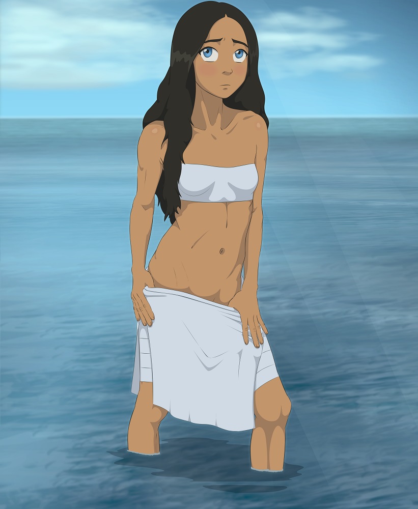 1girls, anaxus, athletic, athletic female, avatar the last airbender, blush, breasts, clothing, dark skin, dark-skinned female, female, human, katara, loose hair, navel, nickelodeon, shy, small breasts, solo, straight hair, undressing, water, water tribe