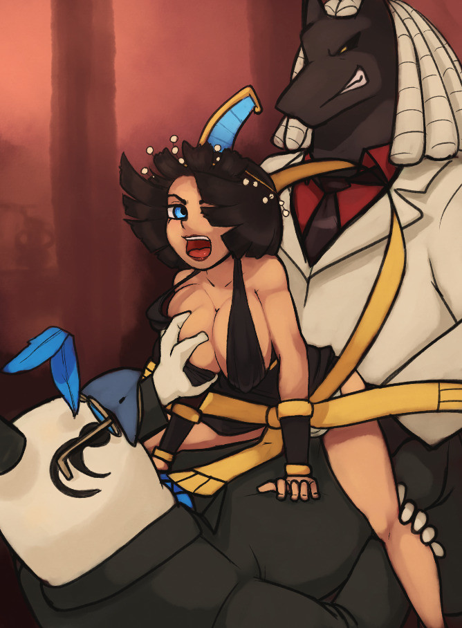 2boys 34no404 albus_(skullgirls) black_dress black_hair black_skin blue_eyes bob_cut breast_grab breasts clothed clothed_female covered_breasts cowgirl_position dark_skin doggy_style double_penetration dress egyptian eliza_(skullgirls) female formal glasses group_sex hagoromo hair_over_one_eye horace_(skullgirls) large_breasts monster monster_boy multiple_boys penetration ringlets sandwiched sex shawl short_hair skullgirls straddling suit threesome tiara video_games