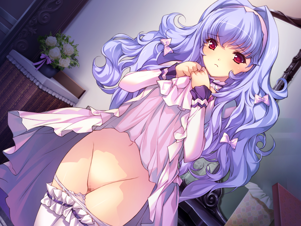 blush busou_shoujotai_blade_briders censored dress dress_lift embarrassed female game_cg highres legs long_hair looking_away min-naraken navel panties panty_pull purple_hair pussy red_eyes solo standing takakura_chien thighs underwear white_legwear