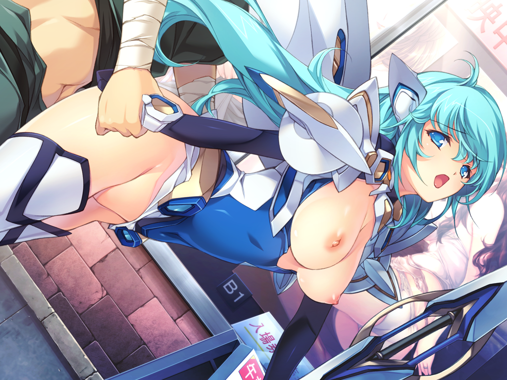 areolae arm_grab blue_eyes blue_hair breasts busou_shoujotai_blade_briders female game_cg highres large_breasts legs long_hair looking_back min-naraken nipples no_panties open_mouth saie_furagu sex standing thighs vaginal_penetration weapon