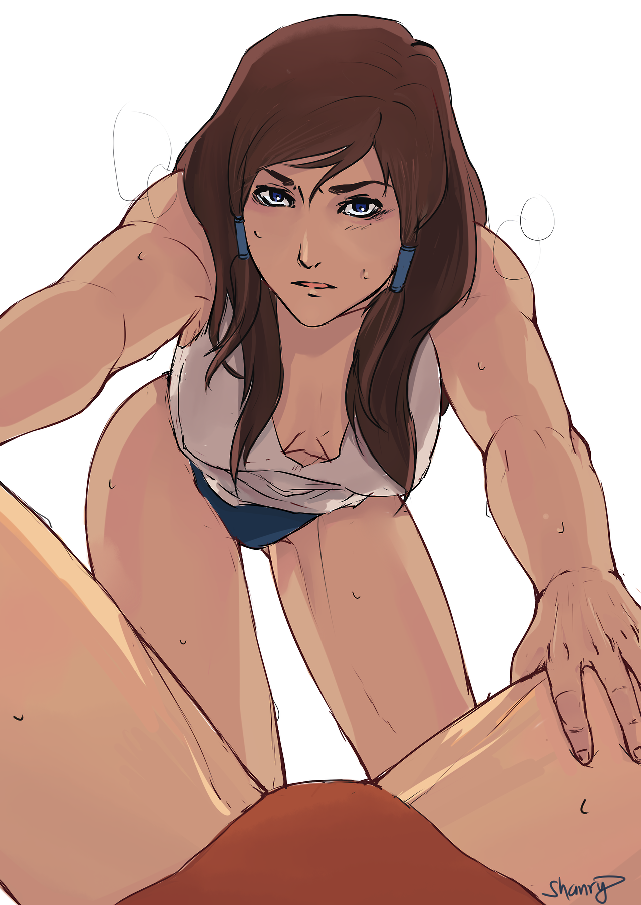 2girls, avatar legends, blue eyes, breasts, brown hair, canon couple, cleavage, clothing, dark skin, dark-skinned female, female, female only, female pov, female protagonist, human, imminent sex, korra, lesbian, long hair, medium breasts, multiple females, no bra, no bra under clothes, panties, pov, shanry, smooth skin, spread legs, sweat, taker pov, the avatar, the legend of korra, water tribe, yuri