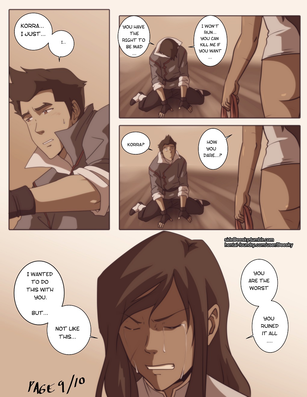 1boy 1girls ass avatar_legends avatar_the_last_airbender black_hair bottomless clothing comic dark-skinned_female dark_skin deesky english_text female korra long_hair mako male smooth_skin speech_bubble tears text the_avatar the_legend_of_korra water_tribe