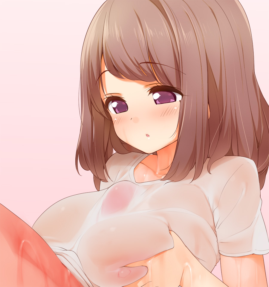 blush breasts brown_hair female kaisen_chuui large_breasts long_hair male nipples original paizuri penis purple_eyes see-through short_hair solo_focus straight t-shirt wet wet_clothes wet_shirt