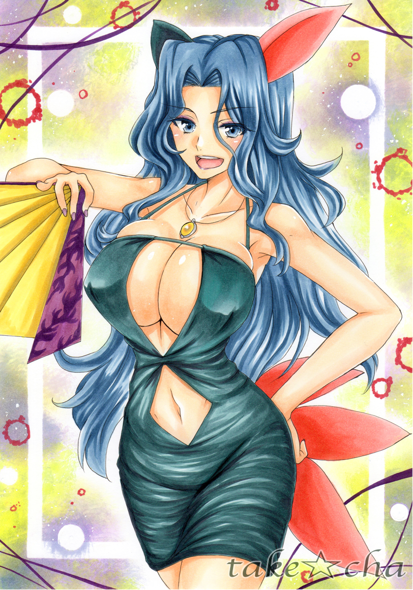 1girls armpits bare_shoulders big_breasts black_dress blue_eyes blue_hair blush breasts cleavage cosplay dress elite_four eyelashes eyeshadow fan female female_only hair_ornament hand_on_hip head_ornament holding human karen_(pokemon) large_breasts lipstick long_hair looking_at_viewer midriff nail_polish navel necklace nintendo nyula nyula_(cosplay) pokemon pokemon_(cosplay) pokemon_(species) pokemon_gsc smile sneasel sneasel_(cosplay) solo standing takecha teeth text tongue watermark