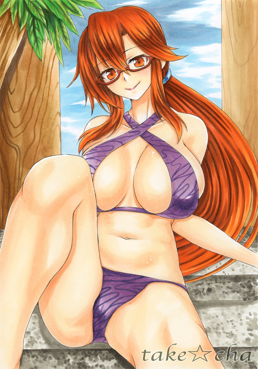 1girls ass bare_shoulders belly big_breasts bikini blush breasts brown_eyes cleavage day elite_four eyelashes female female_only glasses hair_tie human human_only lipstick long_hair looking_at_viewer lorelei_(pokemon) lorelei_(pokemon_frlg) midriff navel nintendo orange_hair outdoors pokemon pokemon_frlg pokemon_lgpe pokemon_rgby ponytail sitting sketch sky smile solo swim_suit takecha text tree watermark