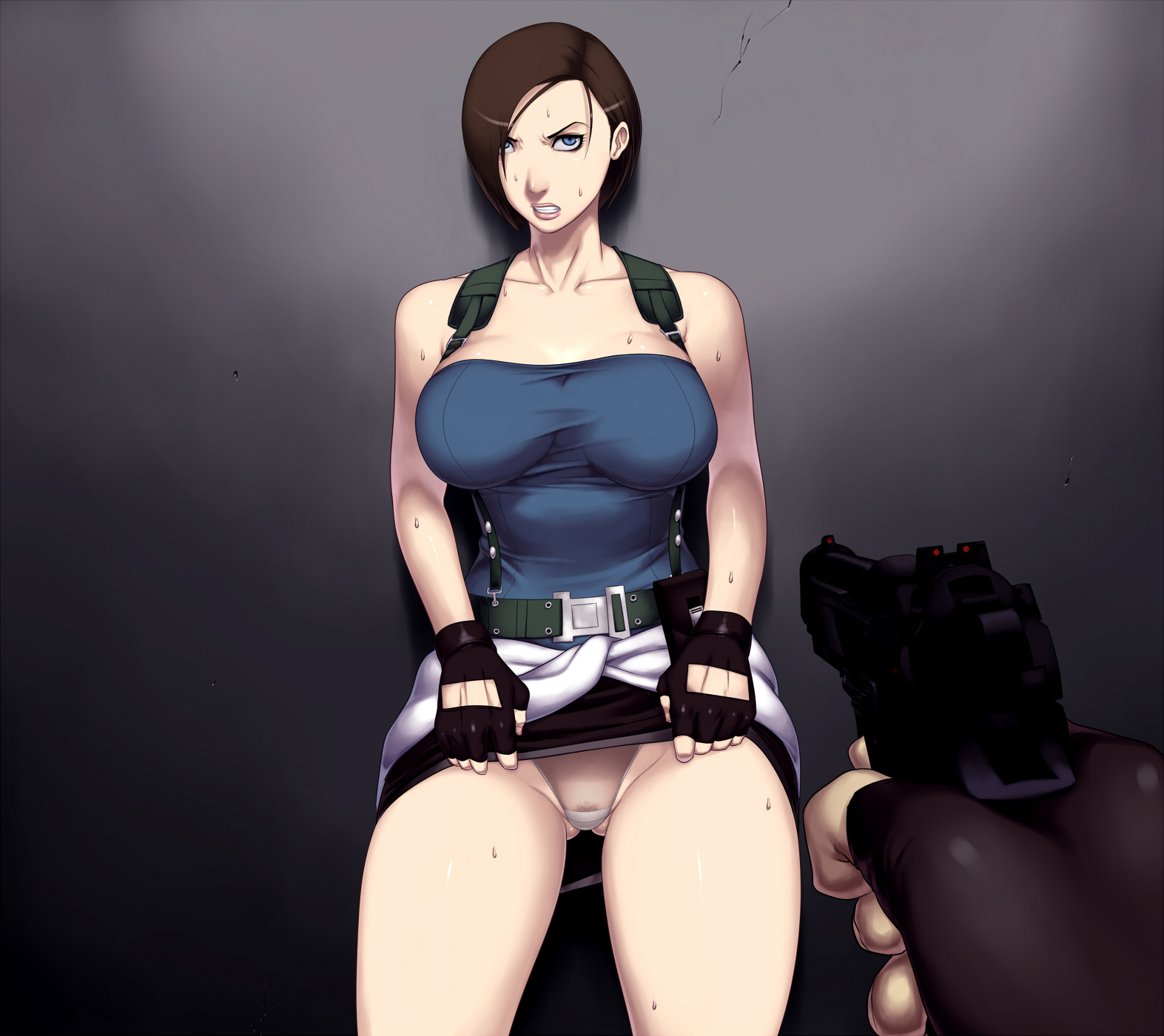 1girls, at gunpoint, belt, blue eyes, breasts, brown hair, capcom, cleavage, female, fingerless gloves, firearm, flashing, forced, gloves, gun, gunpoint, handgun, jill valentine, jill valentine (julia voth), panties, pov, pubic hair, resident evil, resident evil 3, sawao, see-through, sex or death, short hair, skirt, skirt lift, standing, sweat, tubetop, weapon