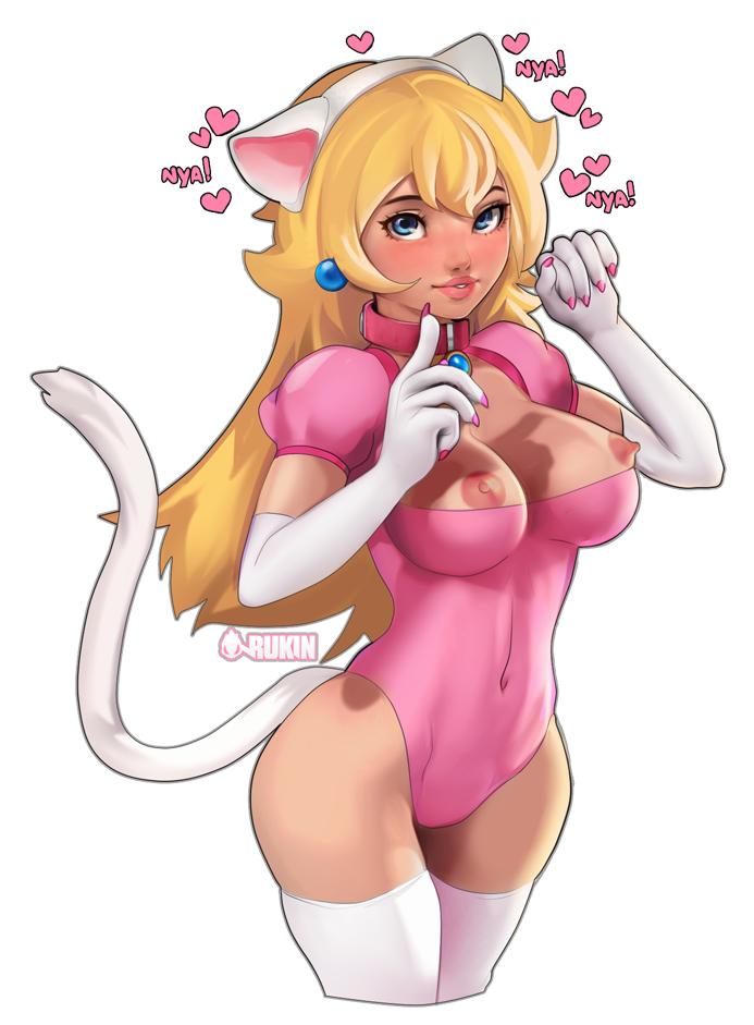 1girls, animal ears, areola, blonde hair, blue eyes, breasts, cat ears, cat girl, cat paws, cat tail, catgirl, choker, cleavage, earrings, elbow gloves, feline, female, female only, gloves, human, large breasts, leotard, long hair, mario (series), naver, nekomimi, nintendo, nipples, princess peach, rukin, simple background, solo, standing, suto, tail, thighhighs, voluptuous