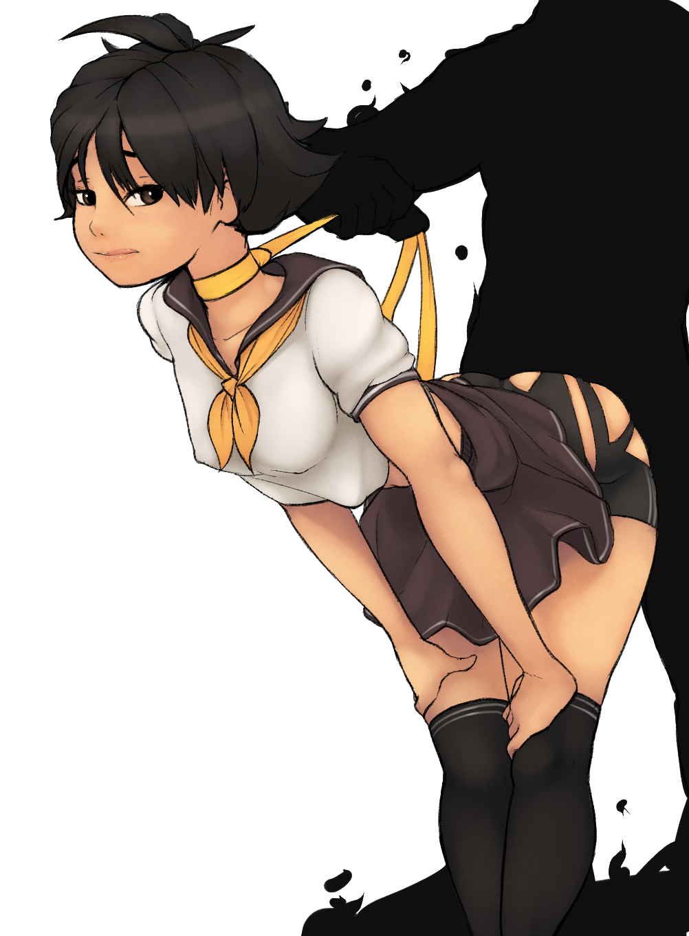 34no404 alternate_costume ass bent_over bike_shorts black_hair black_legwear breasts choker doggy_style erect_nipples faceless faceless_male female hands_on_knees highres human makoto_(street_fighter) male medium_breasts necktie over-kneehighs ribbon_choker school_uniform serafuku sex short_hair shorts_under_skirt skindentation skirt skirt_lift small_breasts solo_focus straight street_fighter street_fighter_iv super_street_fighter_iv thighhighs tomboy torn_bike_shorts torn_clothes