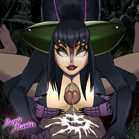 abs, antenna, bimbo, black hair, breasts, busty, cleavage, clothed female nude male, cosplay, costume, cum, cum on self, cum on stomach, elvira, elvira: mistress of the dark, eyeshadow, female, goth, halloween, huge breasts, lipstick, long hair, long nails, looking at viewer, makeup, male, male pov, mantis, night, outdoors, paizuri, penis, pov, puce, purplemantis, sharp nails, smile, straight, voluptuous