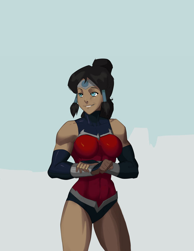 1girls, 2014, avatar legends, avatar the last airbender, black hair, blue eyes, breasts, clothing, cosplay, crossover, dark skin, dark-skinned female, dc, dc comics, female, female only, human, korra, leotard, medium breasts, morganagod, nickelodeon, red leotard, smile, solo, straight hair, the avatar, the legend of korra, tiara, water tribe, wonder woman (cosplay), wonder woman (series)