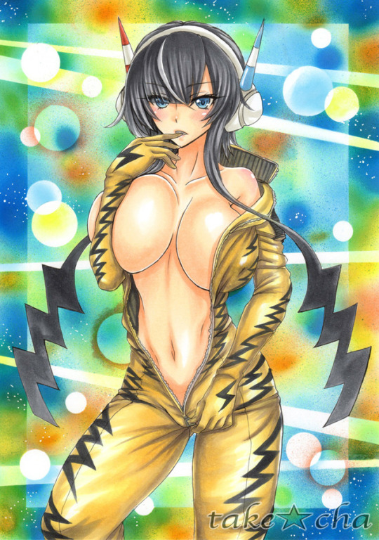 1girls, belly, big breasts, biting finger, black hair, blue eyes, blush, bodysuit, breasts, cleavage, elesa, elesa (pokemon), eyelashes, female, female only, gym leader, hair over one eye, headphones, human, large breasts, long hair, looking at viewer, navel, nintendo, partially clothed, pokemon, pokemon bw2, sketch, solo, standing, takecha, teeth, text, undressing, unzipped, watermark