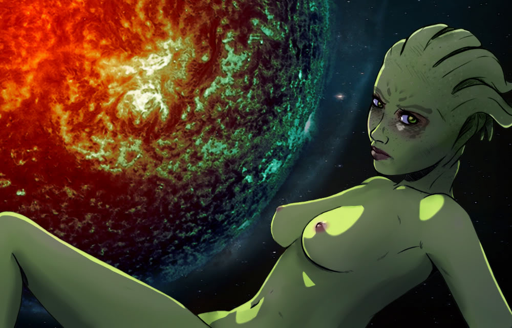 alien breasts convenient_censoring female green_eyes green_skin large_breasts mass_effect nipples nude shiala solo