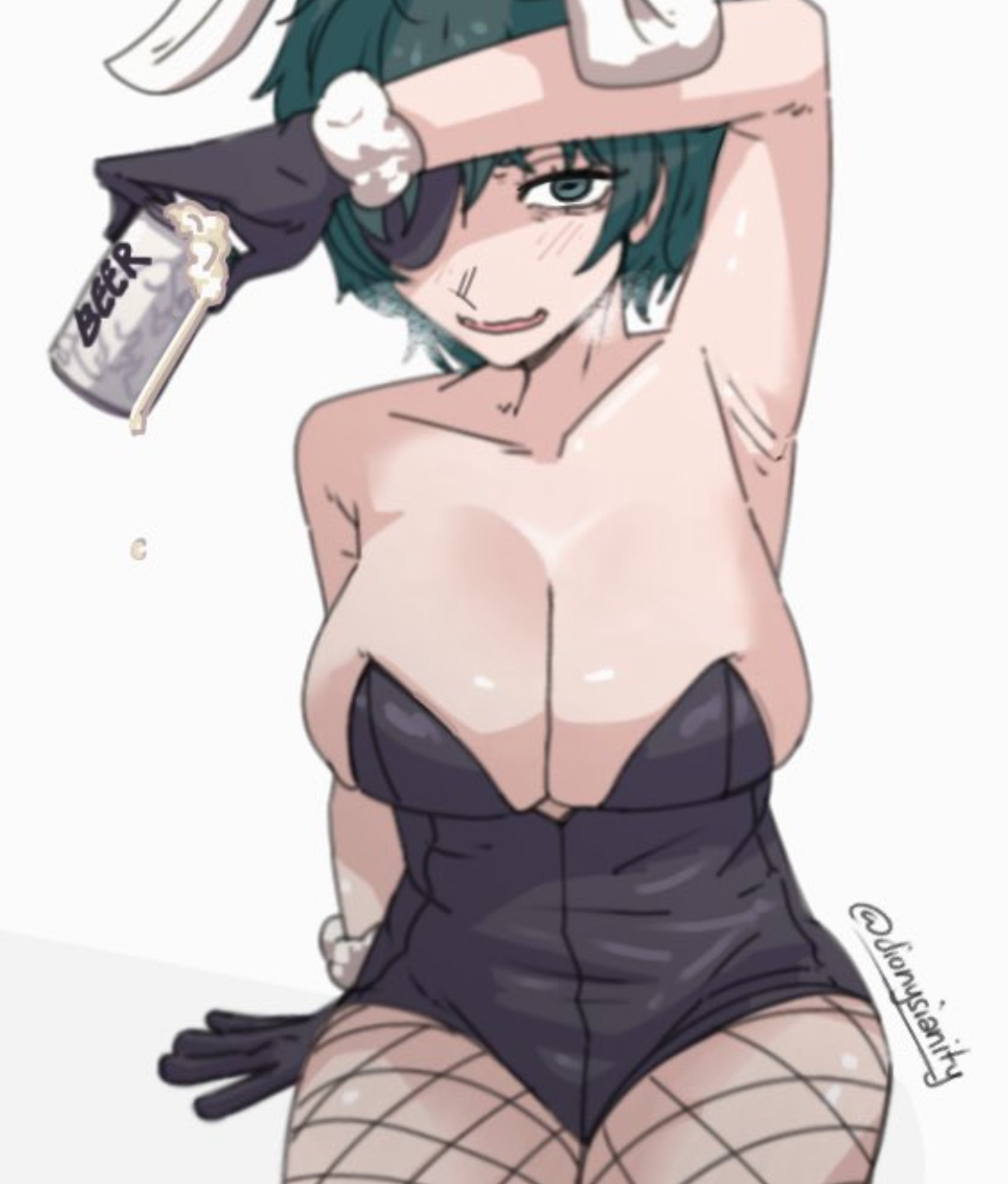 armpit, arms up, beer, big breasts, big thighs, bunny ears, bunny girl, bunnysuit, busty, busty female, chainsaw man, curves, curvy figure, cute, cute face, dionysianity, drunk, drunk female, eyepatch, female, female focus, female only, fishnet, green eyes, green hair, himeno (chainsaw man), oppai, playboy bunny, sexy, sexy body, solo, solo female, solo focus, thick thighs, wide hips, wide thighs