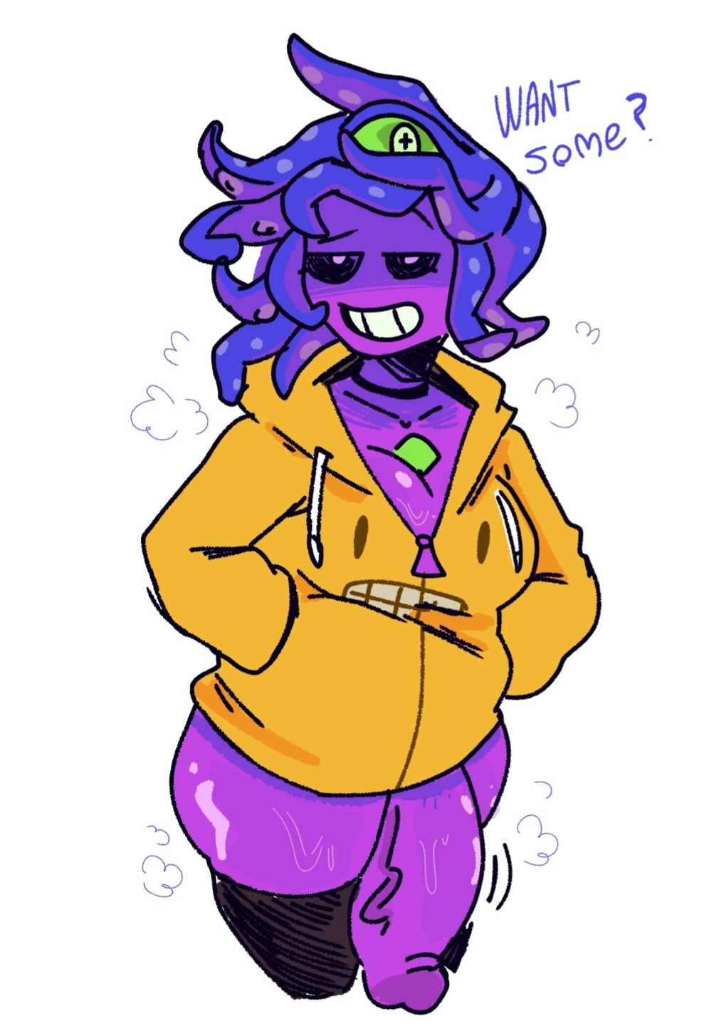 1dickgirl, bottomless, chubby, clothed, clothing, dickgirl, eldritch horror, errorplush, errorplush888, futanari, girlcock, gock, green eyes, hoodie, huge cock, monster prom, partially clothed, solo, trans woman, transgender, transgender woman, zoe (monster prom)