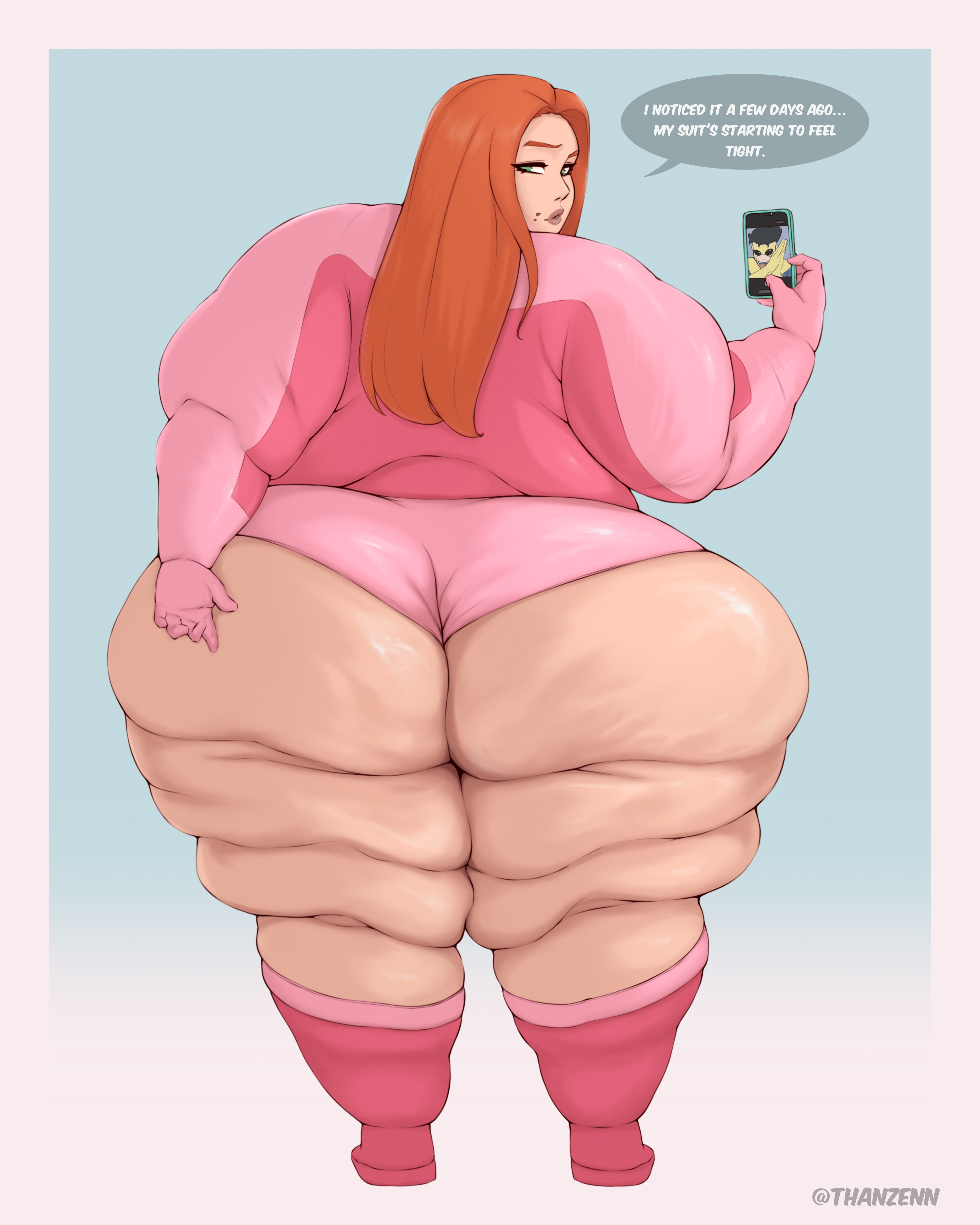 1girls, atom eve, back view, bbw, dialogue, fat, fat ass, fat female, female, female only, gigantic ass, huge ass, huge hips, human, invincible, revealing clothes, solo, solo female, standing, text, thanzenn, weight gain
