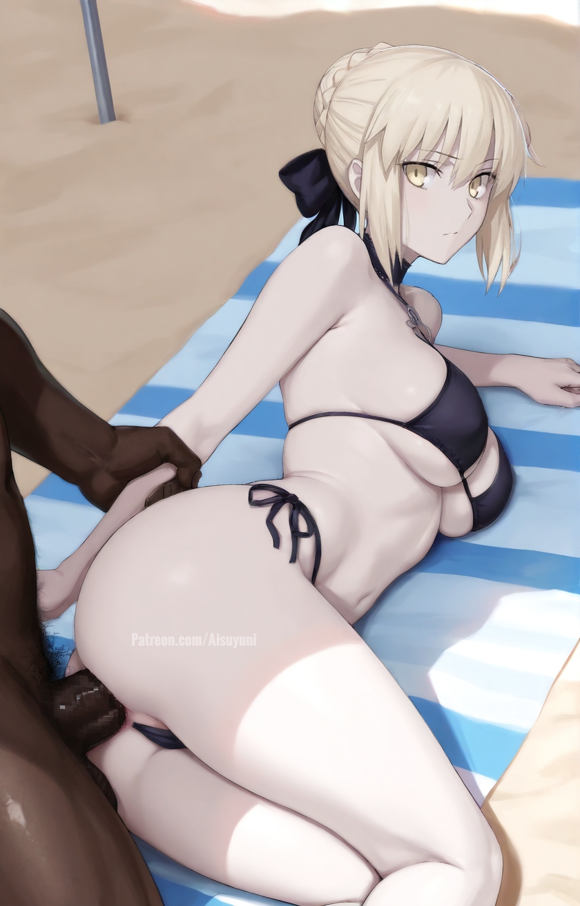 1boy, 1girls, ahoge, ai generated, aisuyuni, artist name, artoria pendragon (alter swimsuit rider) (fate), artoria pendragon (alter swimsuit rider) (second ascension) (fate), artoria pendragon (fate), ass, ass grab, back, bangs, bare shoulders, beach, bikini, bikini aside, black bikini, black bow, black ribbon, blonde hair, blue sky, blurry, blush, bow, braid, braided bun, breasts, censored, cheating, cheating female, cheating girlfriend, cheating wife, choker, cleavage, closed mouth, clothed female nude male, clothing aside, collarbone, completely nude, cuckold, cuckolding, cum, cum in pussy, dark skin, dark-skinned male, day, erection, eyebrows visible through hair, fate (series), fate/grand order, fate/stay night, female, french braid, hair between eyes, hair bun, hair ribbon, hairbow, halterneck, large breasts, long hair, looking at viewer, looking back, lying, medium breasts, mosaic censoring, navel, netorare, nipples, ntr, nude, ocean, official alternate costume, on back, on side, on stomach, open mouth, outdoors, parted lips, patreon username, penis, ponytail, pussy, ribbon, saber alter, sand, sex, sex from behind, shiny, shiny skin, short hair, side-tie bikini, sidelocks, single hair bun, sky, small breasts, smile, solo focus, spread legs, straight, string bikini, sweat, swimsuit, testicles, thighs, untied bikini, vaginal penetration, water, yellow eyes
