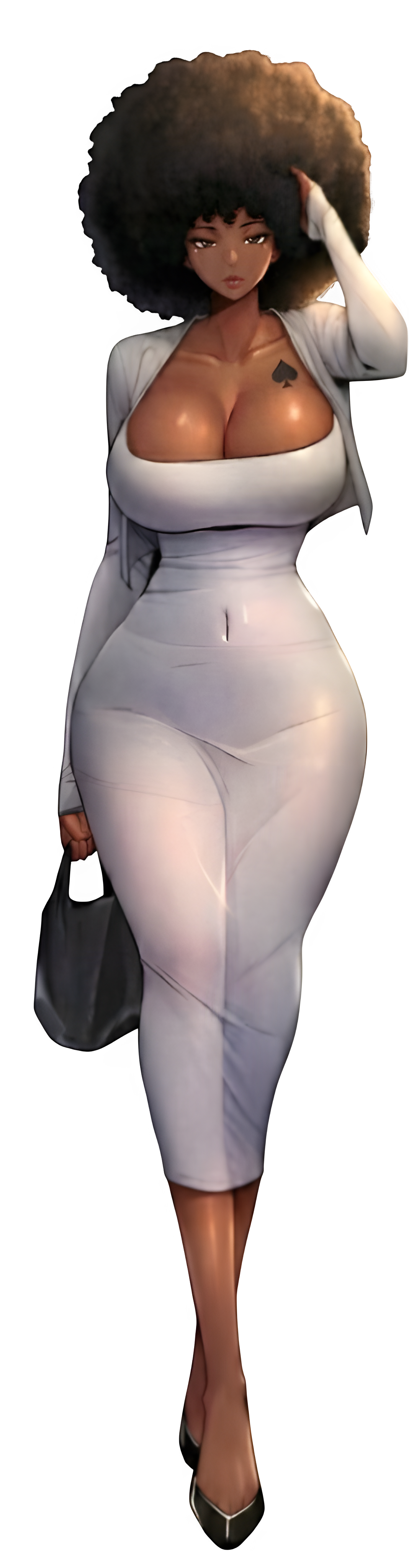 1girls, african female, afro, ai generated, big breasts, black female, brown eyes, brown hair, cleavage, curly hair, dark skin, dark-skinned female, dongtan dress, dress, female, female only, grey dress, heels, high heels, hips, hourglass figure, hourglass figured female, looking at viewer, mrtecta, original, original character, qos, qos tattoo, queen of spades, queen of spades symbol, queen of spades tattoo, solo, solo female, tattoo, tattoo on chest