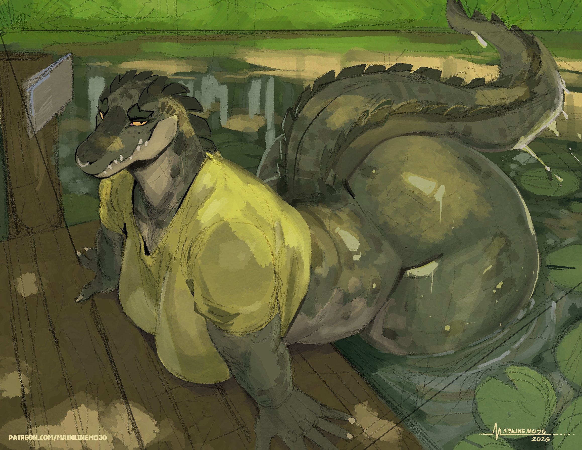 1girls, alligator, anthro, big ass, big breasts, dat ass, huge ass, huge breasts, looking at viewer, mainlinemojo, tagme, tail, thick ass, thick thighs, yellow shirt