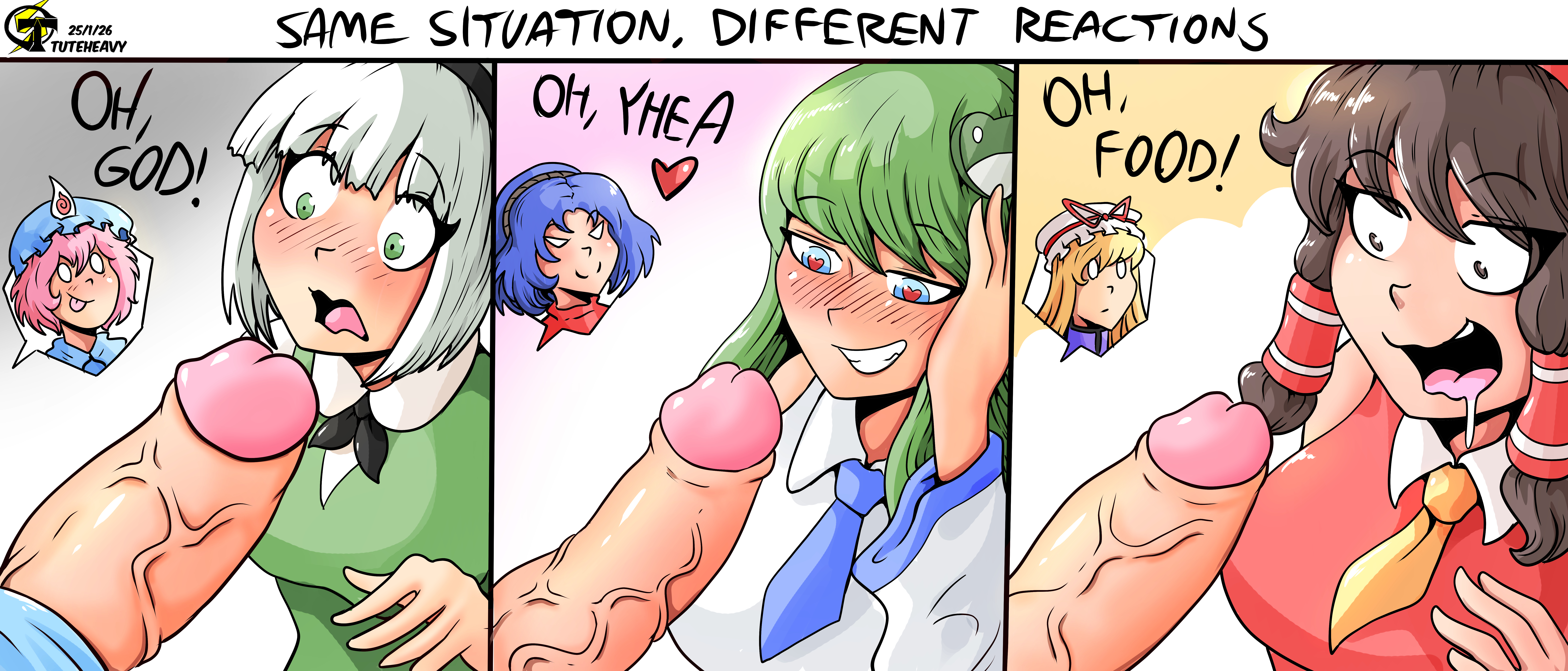 1futa, 3futas, 3girls, big breasts, big penis, breasts, dick, dick on face, dickgirl, dickgirl/female, female, futa on female, futa with female, futanari, huge breasts, huge cock, huge nipples, kanako yasaka, penis, penis awe, reaction chart, reimu hakurei, sanae kochiya, smile, text, touhou, tuteheavy, uncensored, youmu konpaku, yukari yakumo, yuyuko saigyouji